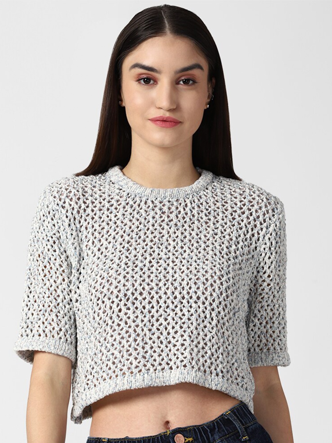

FOREVER 21 Women Off White & Blue Open-Knit Boxy Crop Pullover
