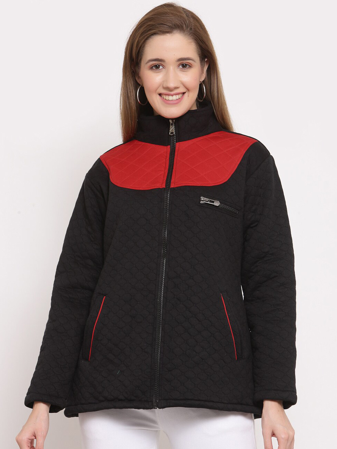 

KLOTTHE Women Black Colourblocked Longline Outdoor Tailored Jacket with Patchwork