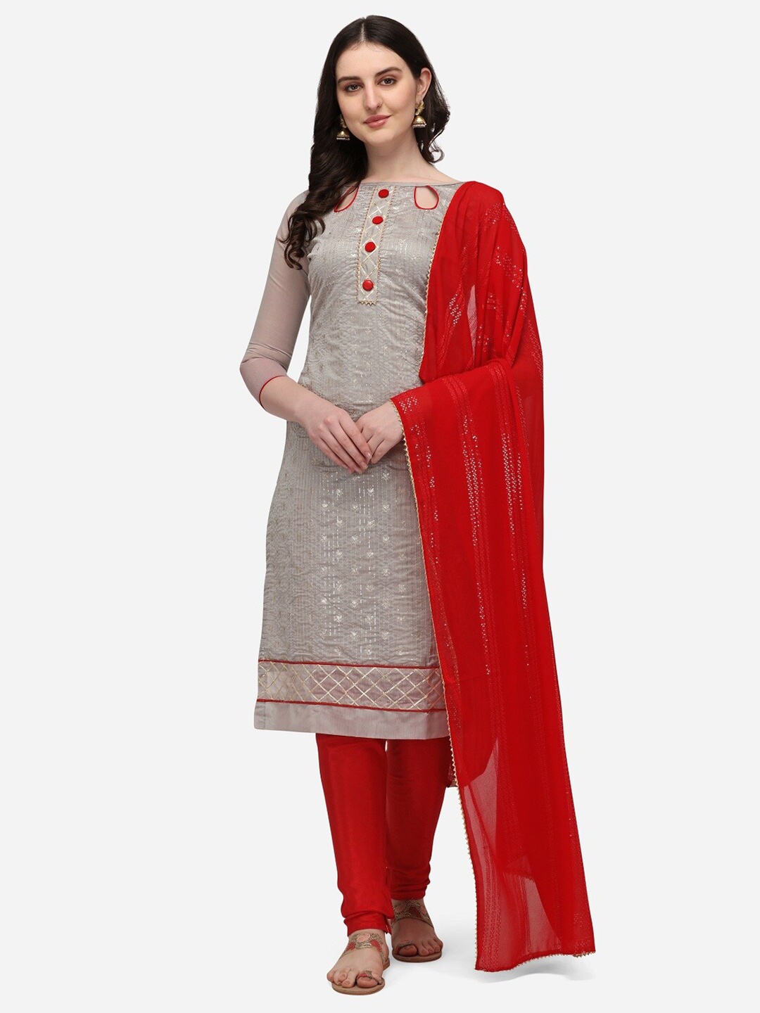 

Mitera Grey & Red Chanderi Embroidered Unstitched Dress Material