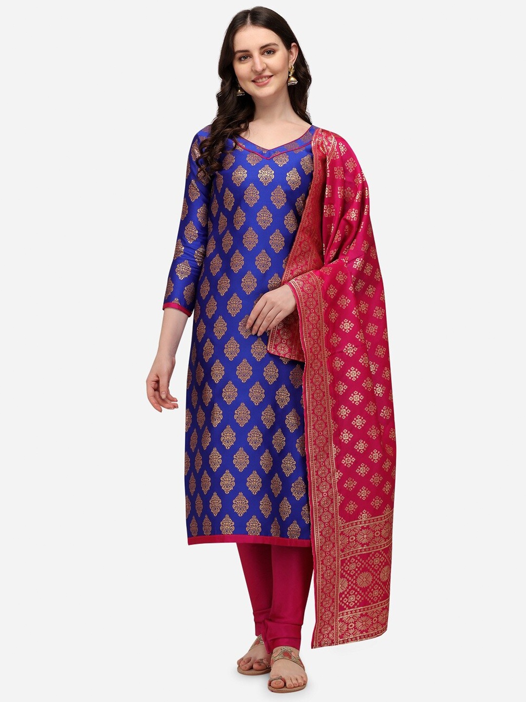 

Mitera Blue & Pink Printed Banarasi Jacquard Unstitched Dress Material