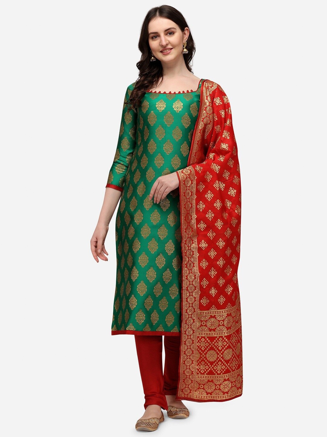 

Mitera Sea Green & Red Woven Design Unstitched Dress Material