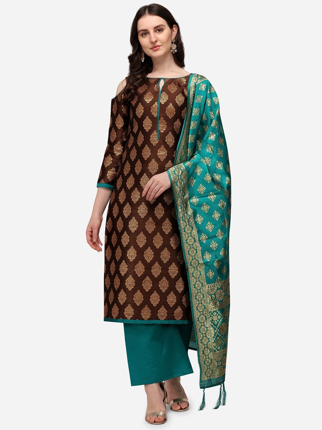 

Mitera Brown & Sea Green Printed Banarasi Jacquard Unstitched Dress Material