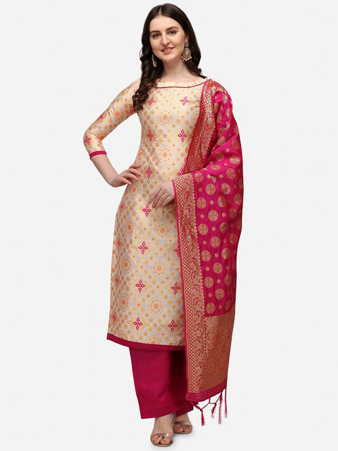 

Mitera Cream-Coloured & Pink Printed Dupion Silk Unstitched Dress Material