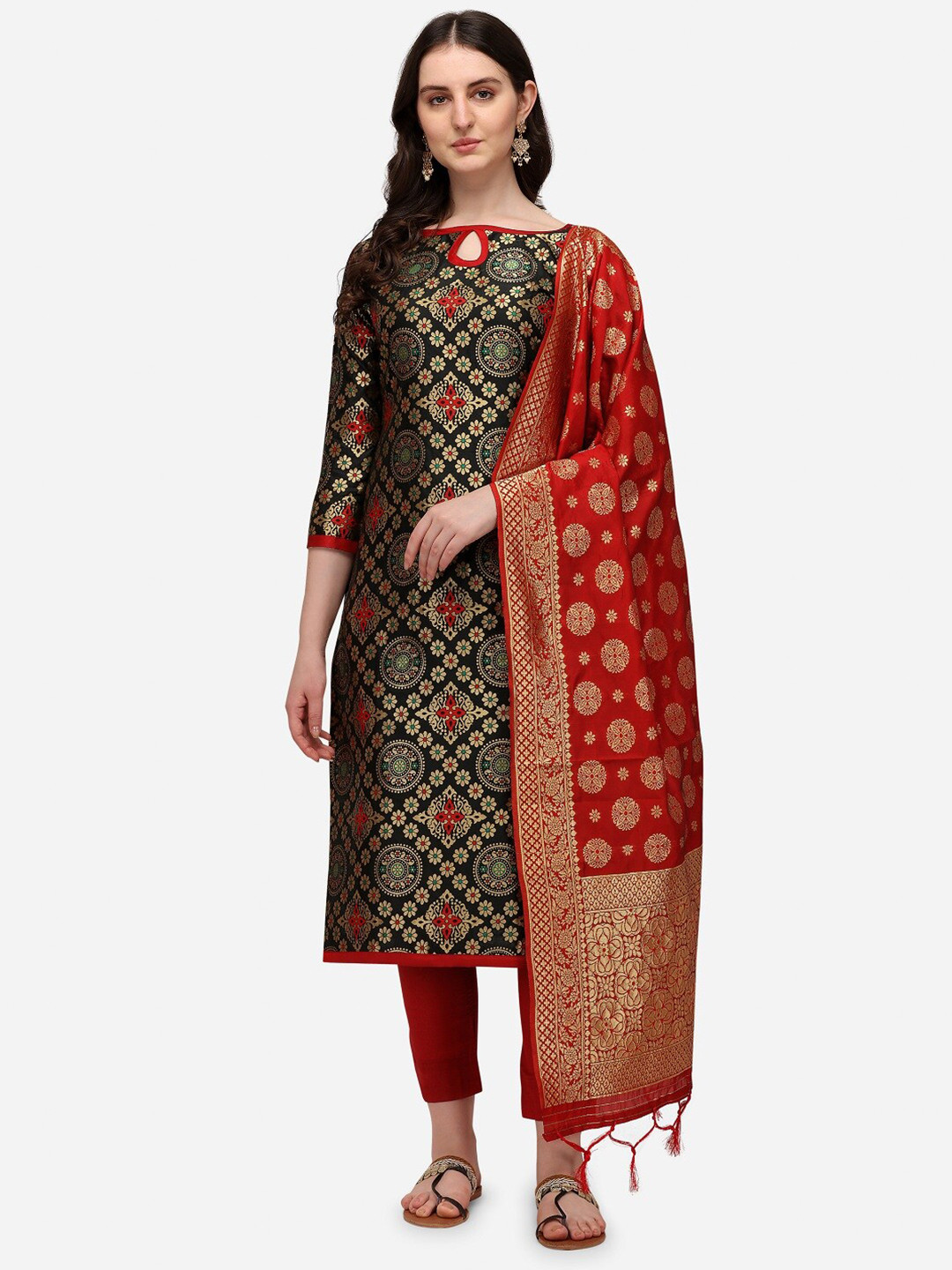 

Mitera Black & Maroon Dupion Silk Banasari Jacquard Unstitched Dress Material