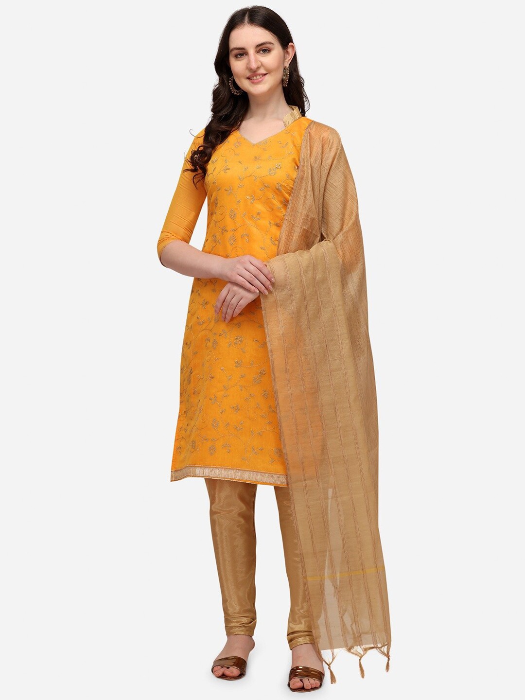 

Mitera Yellow & Gold-Toned Embroidered Unstitched Dress Material