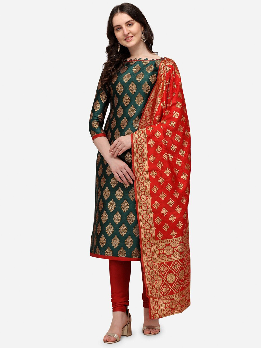 

Mitera Green & Red Printed Banarasi Jacquard Unstitched Dress Material
