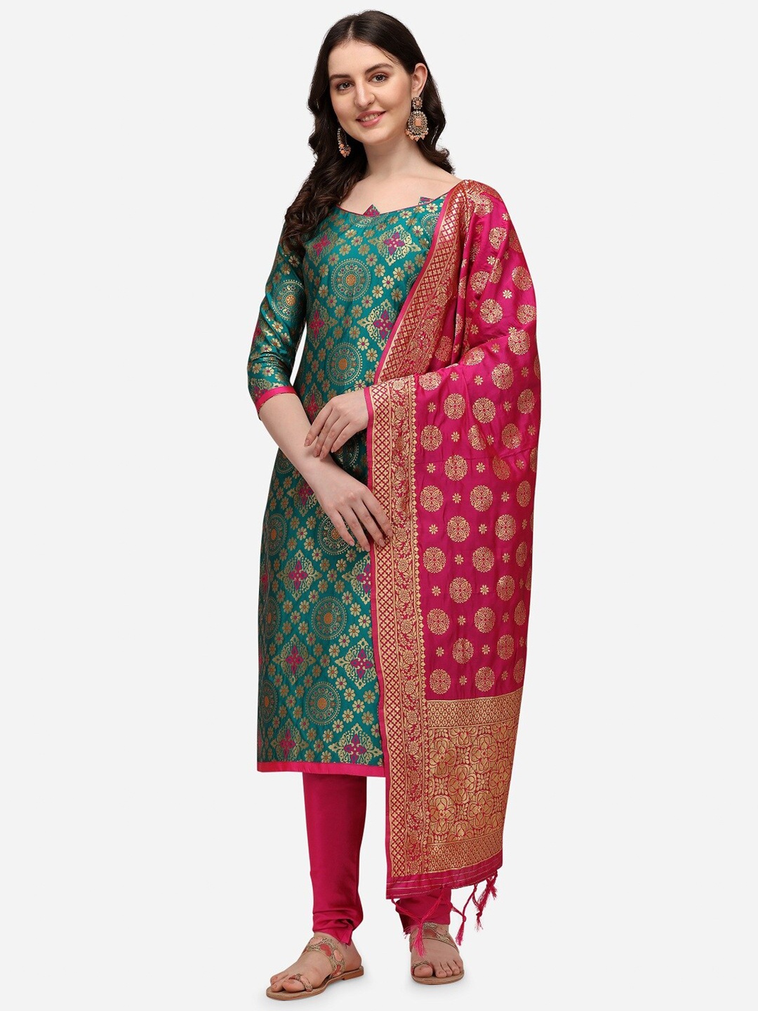 

Mitera Green & Pink Dupion Silk Banarasi Jacquard Unstitched Dress Material