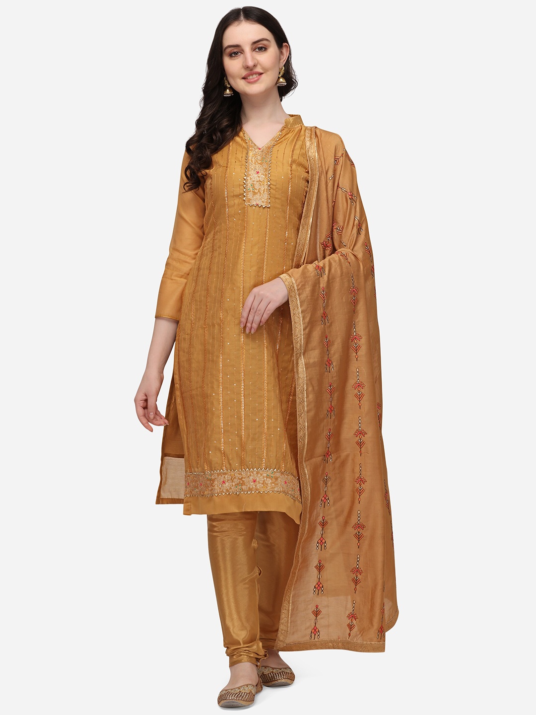 

Mitera Cream-Coloured & Gold-Toned Embroidered Chanderi Unstitched Dress Material