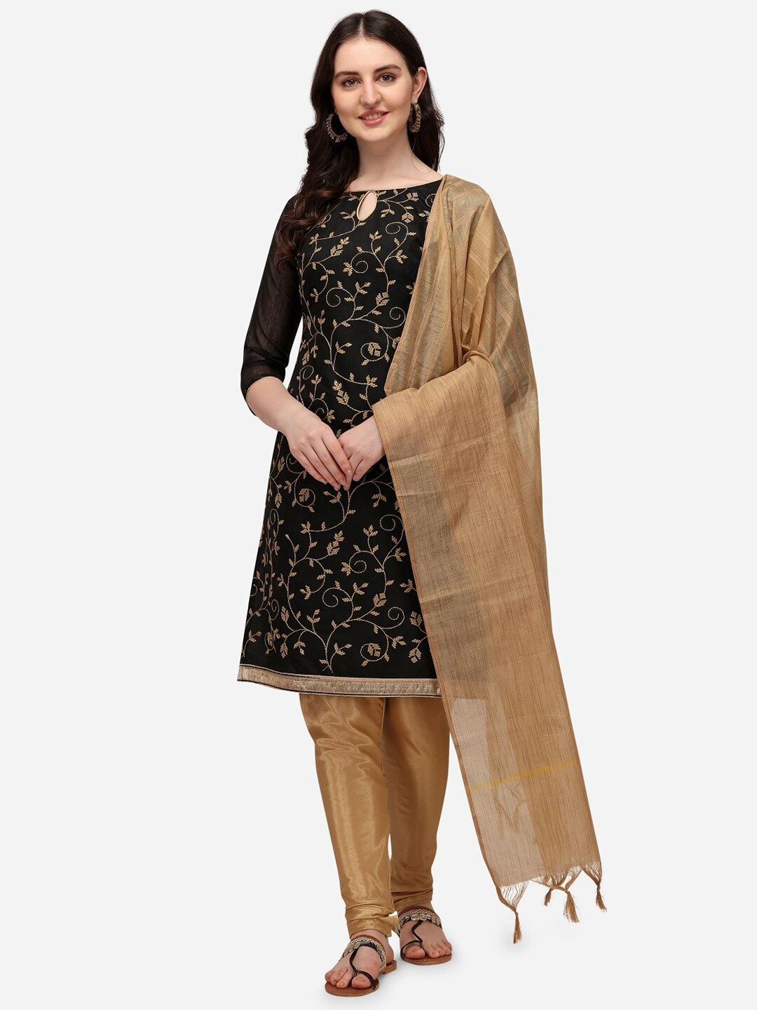 

Mitera Black & Tan Embroidered Chanderi Unstitched Dress Material