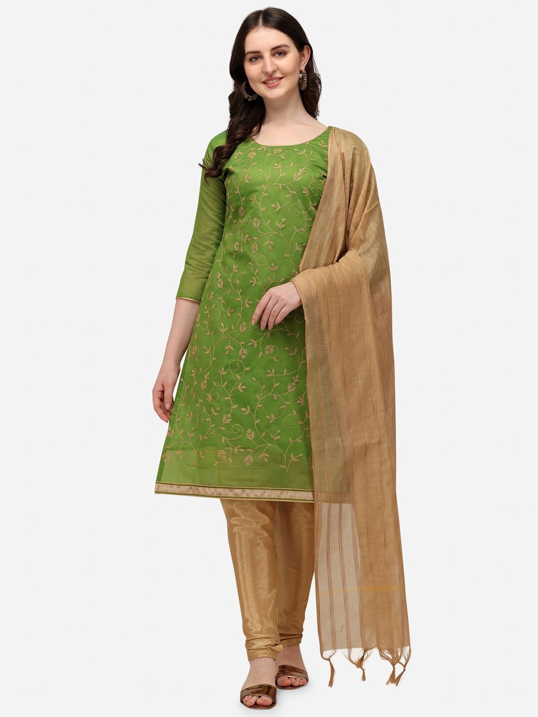 

Mitera Green & Gold-Toned Embroidered Unstitched Dress Material