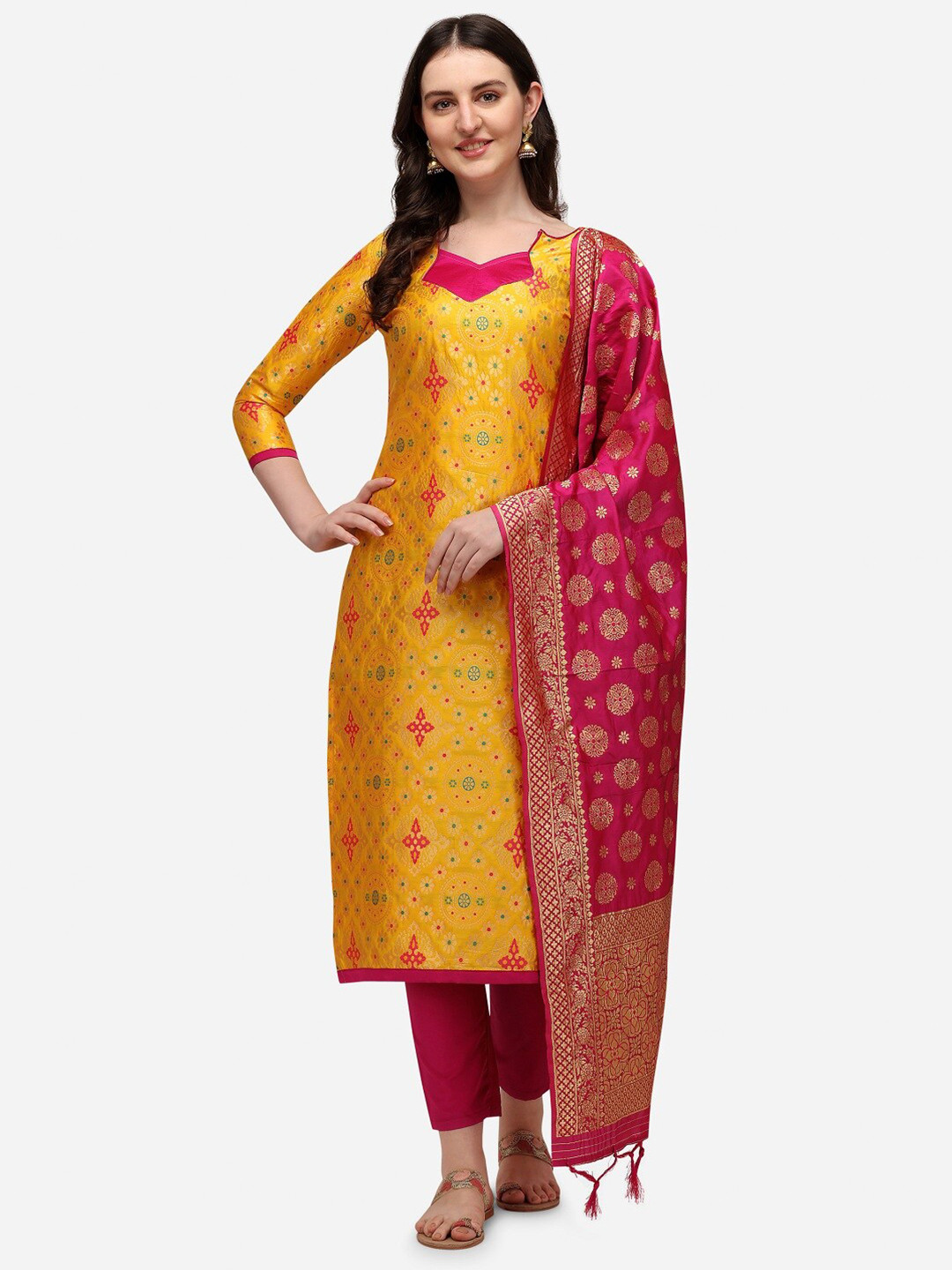 

Mitera Yellow & Pink Printed Dupion Silk Unstitched Dress Material
