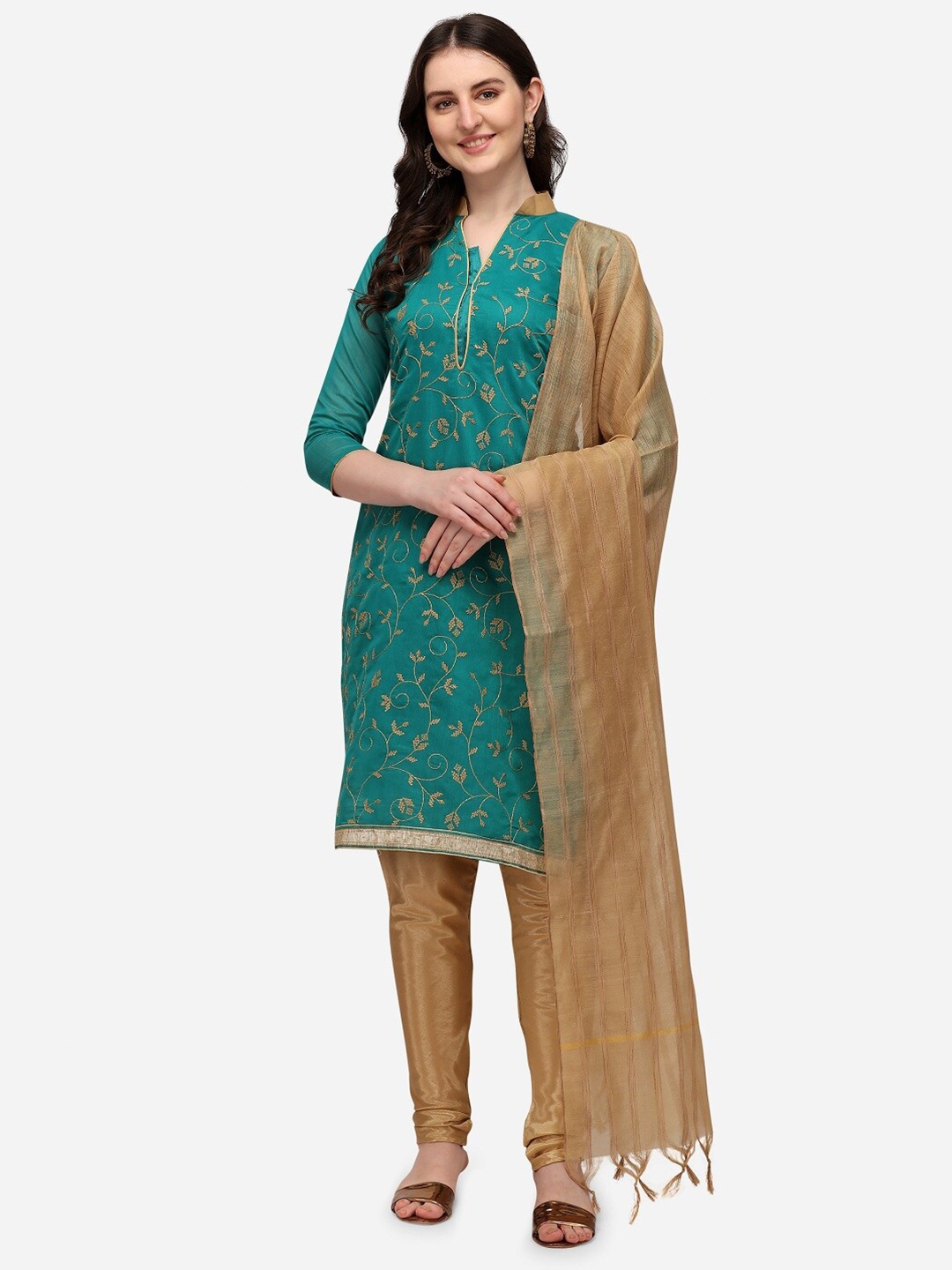 

Mitera Green & Tan Embroidered Chanderi Unstitched Dress Material