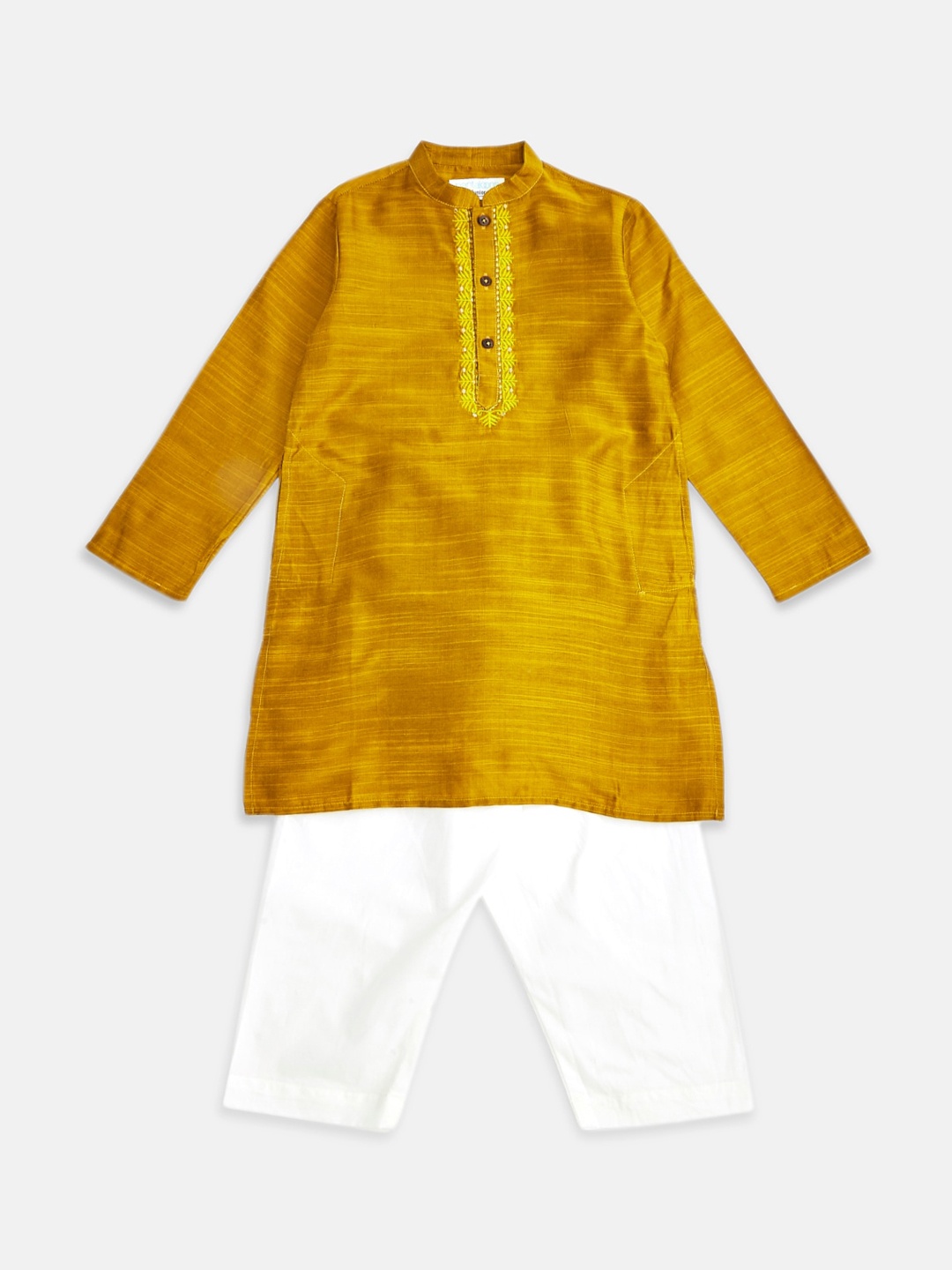 

indus route by Pantaloons Boys Mustard Yellow Thread Work Kurta with Pyjamas