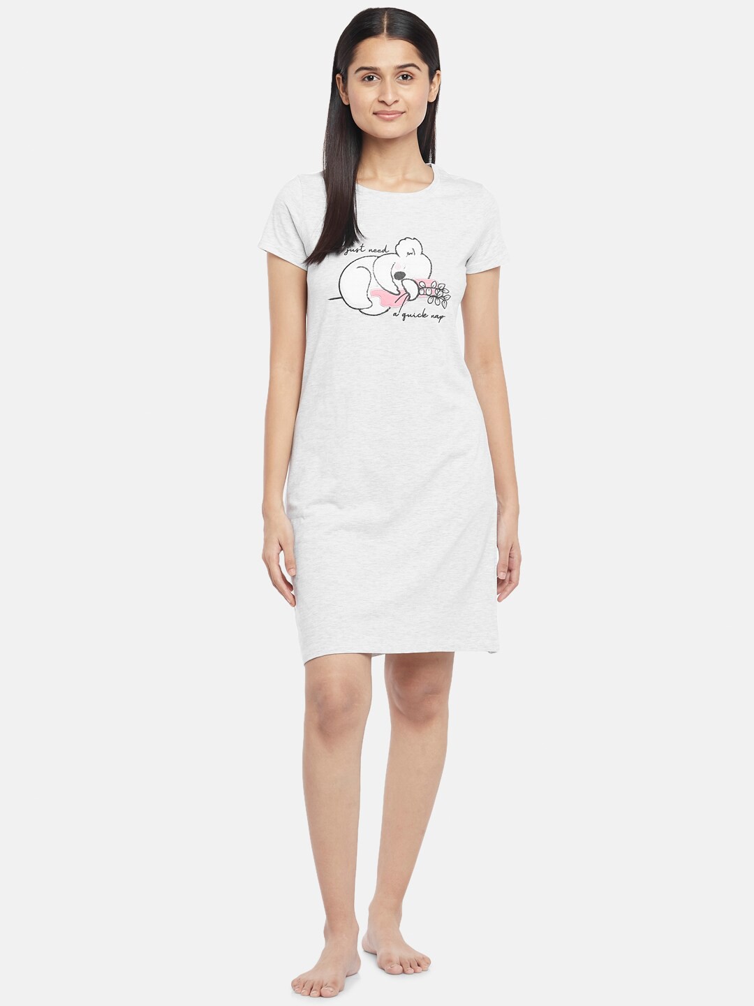 

Dreamz by Pantaloons Grey Melange Printed Pure Cotton Nightdress