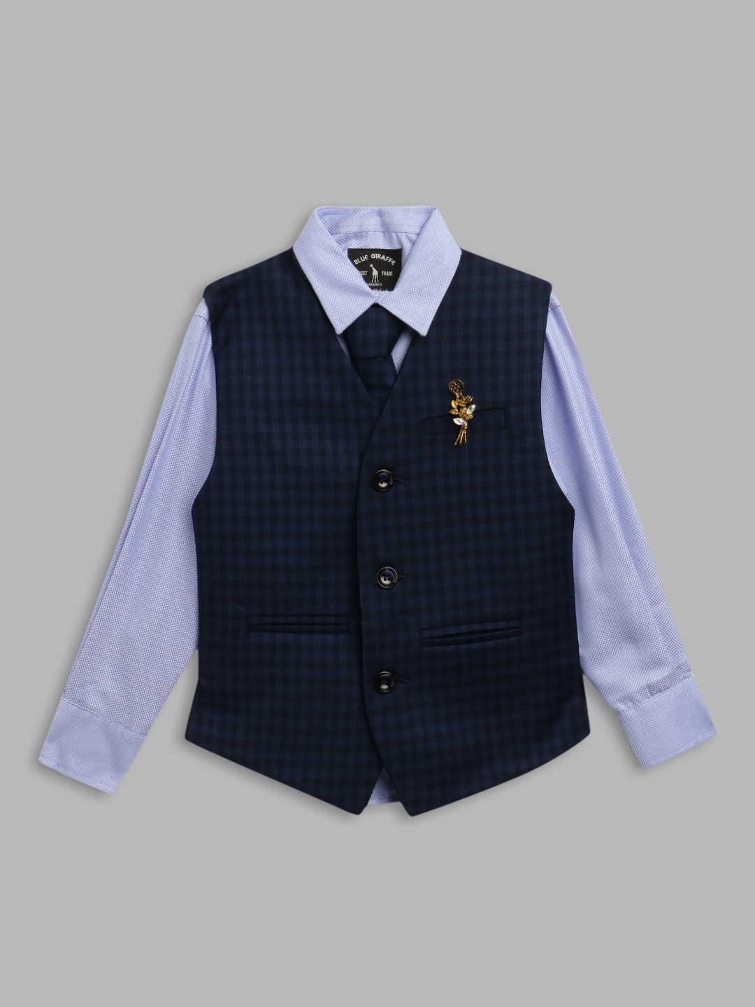 

Blue Giraffe Boys Blue & Navy Blue Checked Woven Waistcoat Set
