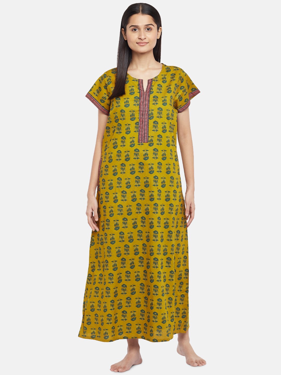 

RANGMANCH BY PANTALOONS Mustard Yellow & Teal Printed Pure Cotton Maxi Nightdress