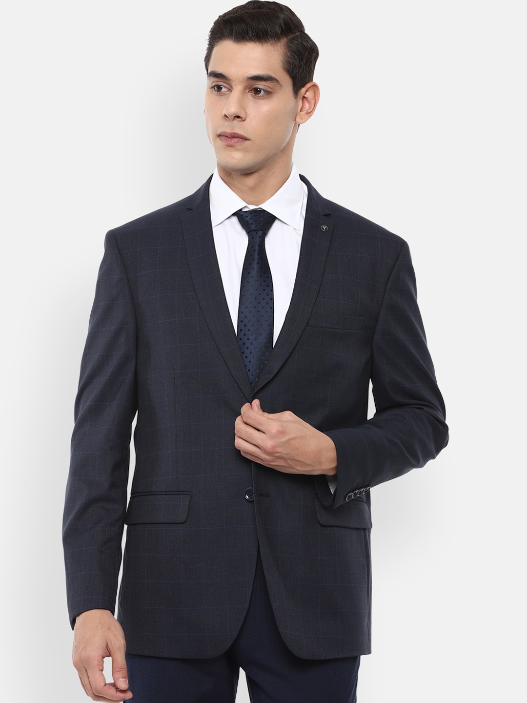 

Van Heusen Men Navy Blue Checked Single-Breasted Blazer