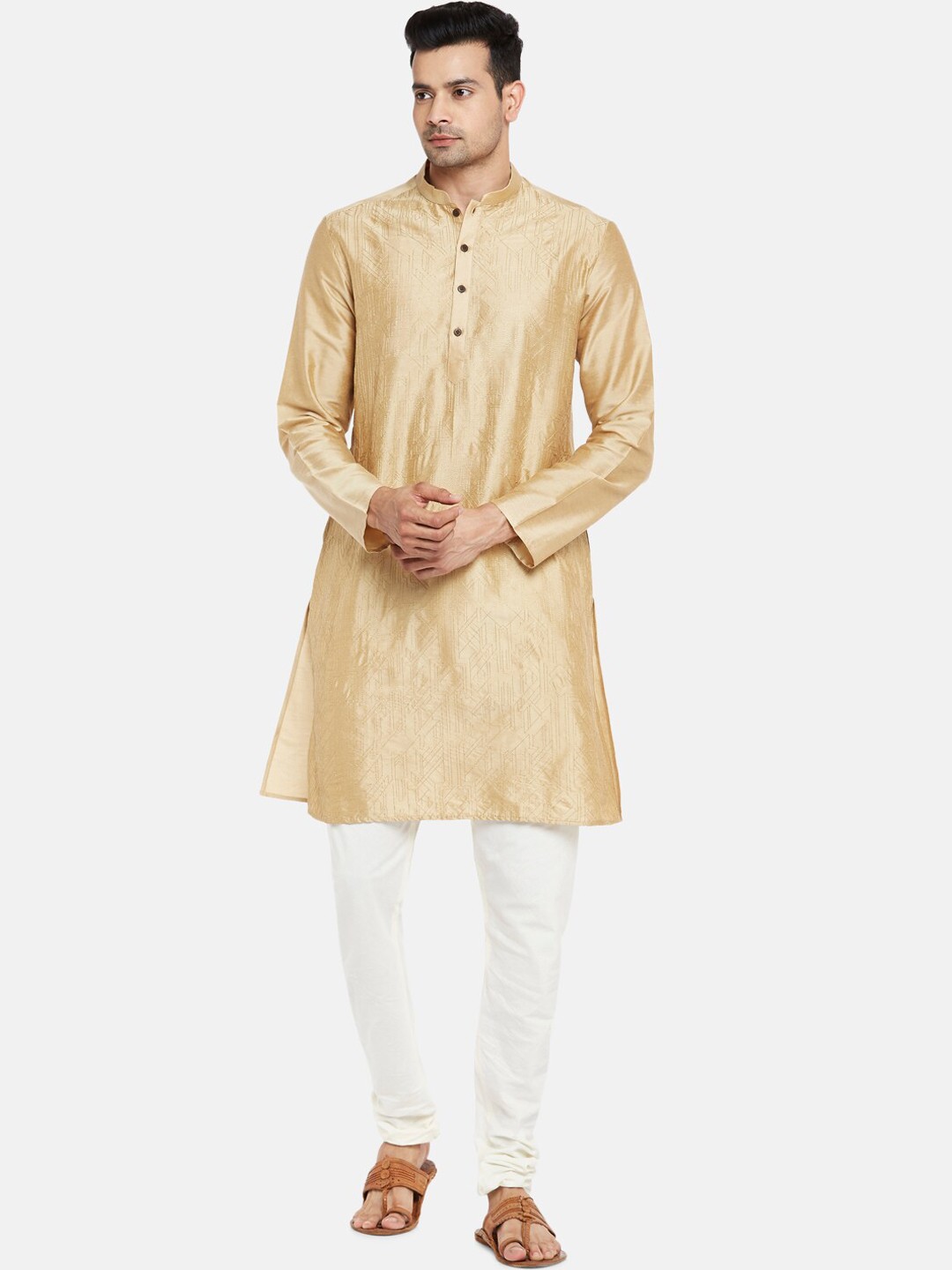 

indus route by Pantaloons Men Beige Geometric Embroidered Thread Work Kurta