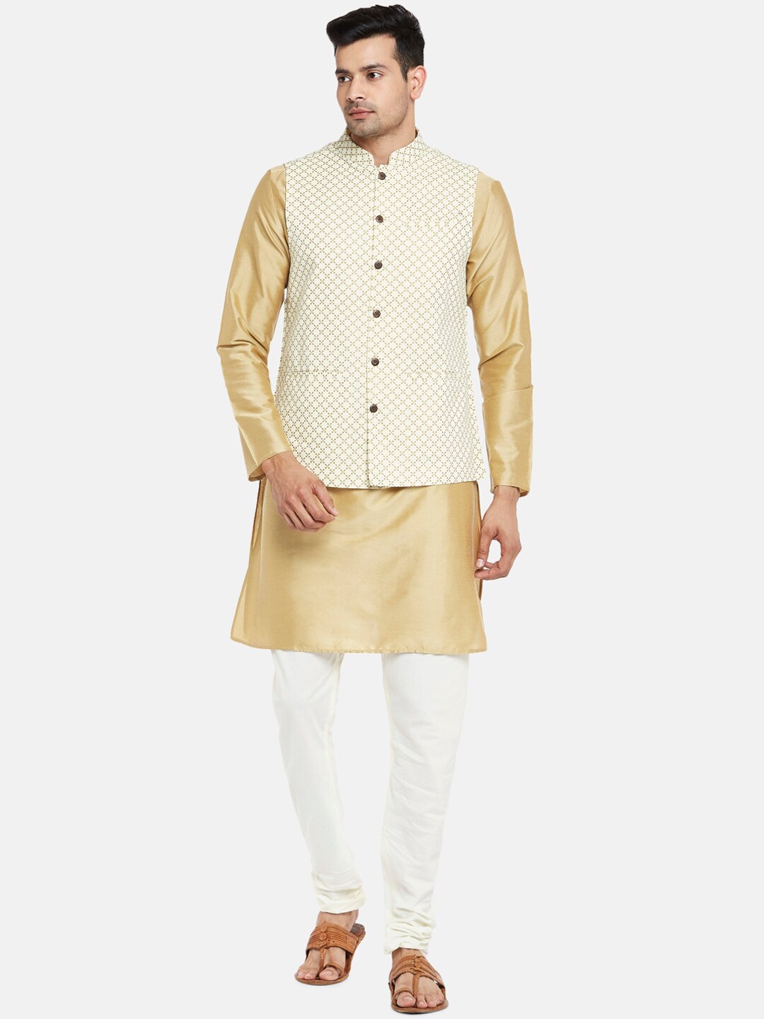 

indus route by Pantaloons Men Off White & Gold-Coloured Kurta with Churidar & Nehru Jacket