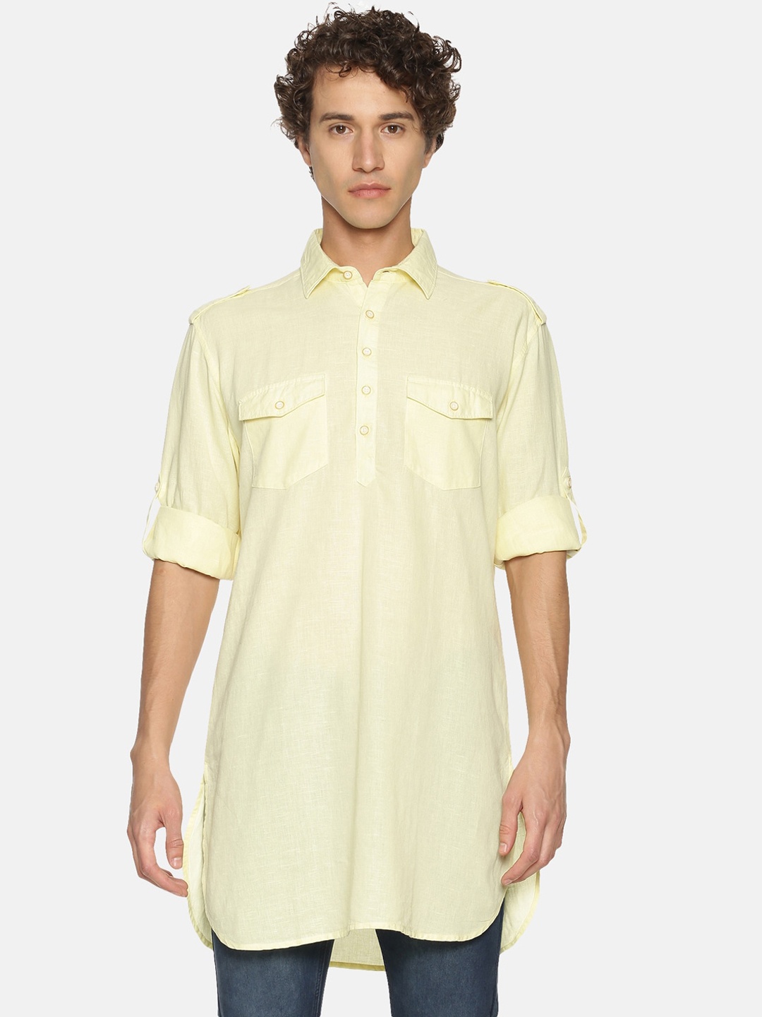 

IVOC Men Yellow Thread Work Pathani Kurta