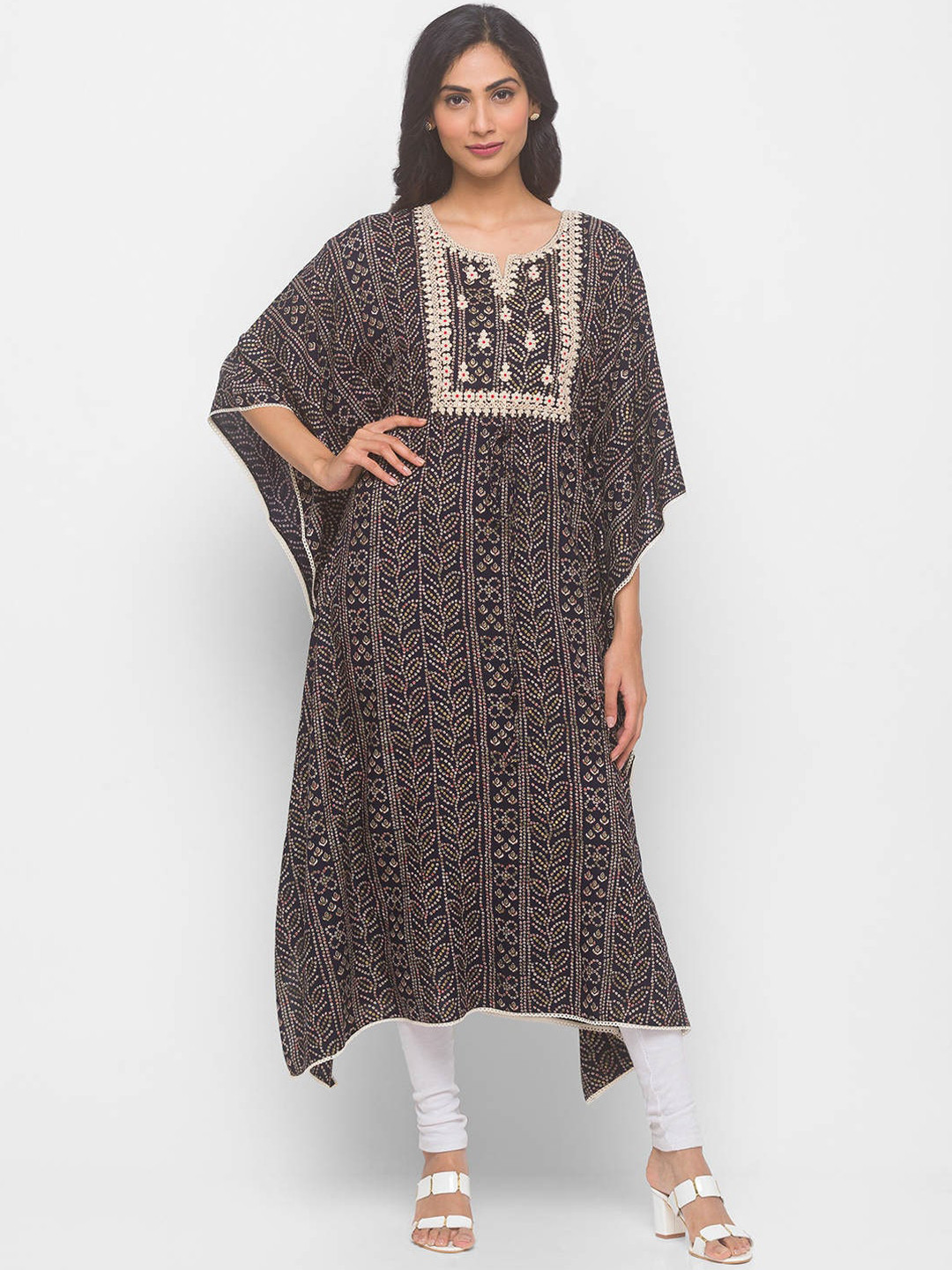 

ZOLA Women Navy Blue Bandhani Printed Flared Sleeves Thread Work Kaftan Kurta