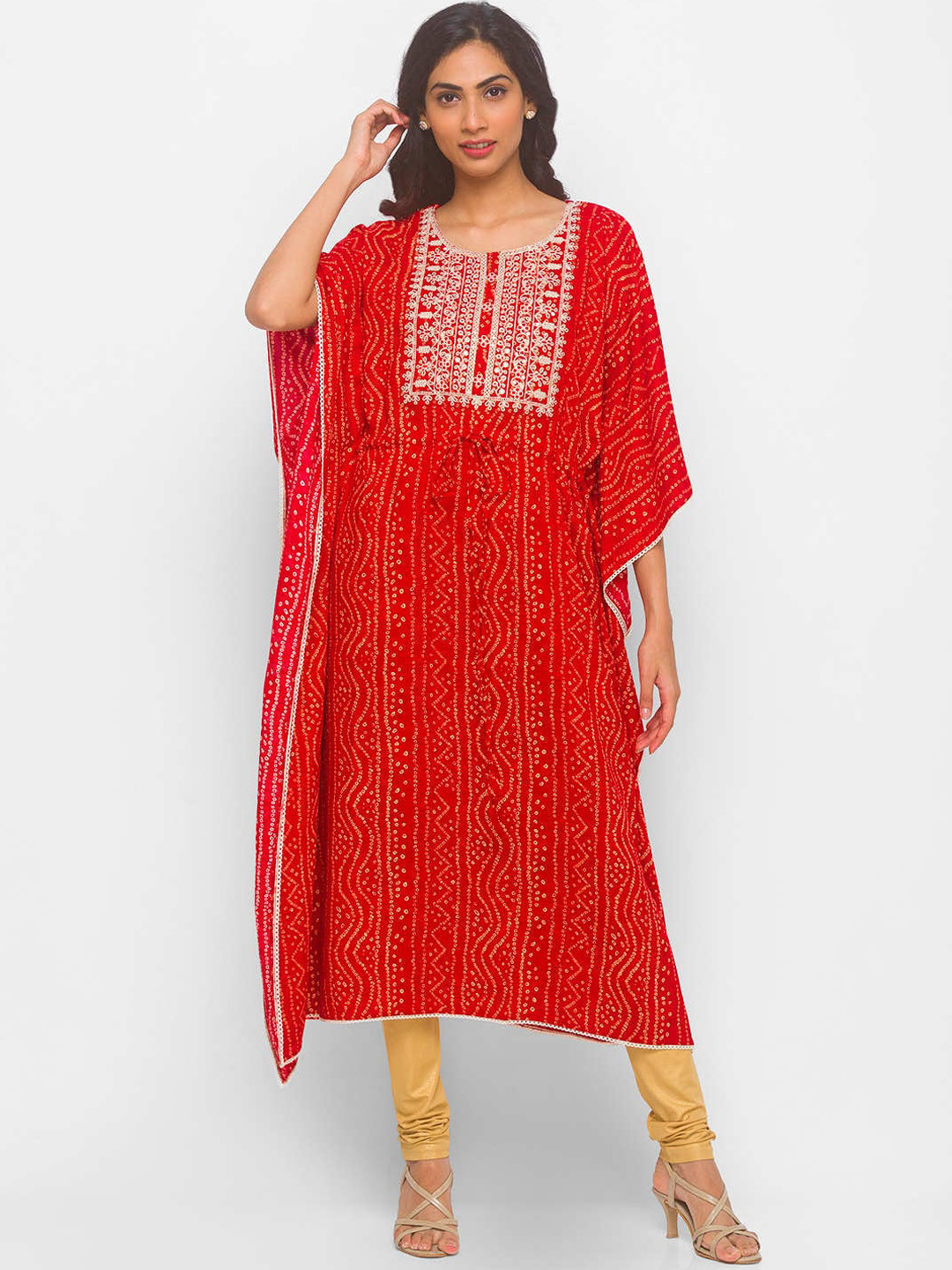 

ZOLA Women Red Striped Flared Sleeves Kaftan Kurta