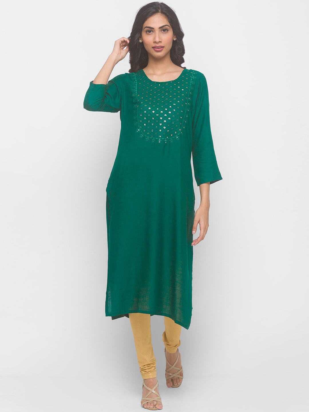 

ZOLA Women Green Yoke Design Yoke Design Cold-Shoulder Sleeves Mirror Work Kurta