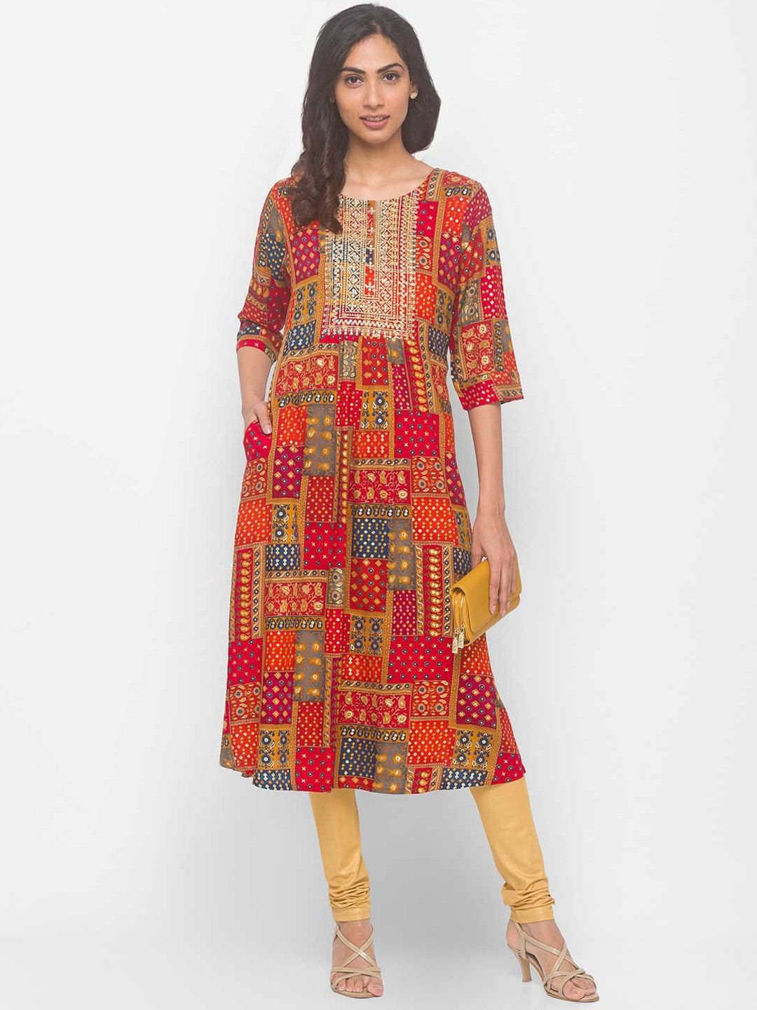ZOLA Women Maroon Geometric Yoke Design Flared Sleeves Mirror Work Anarkali Kurta