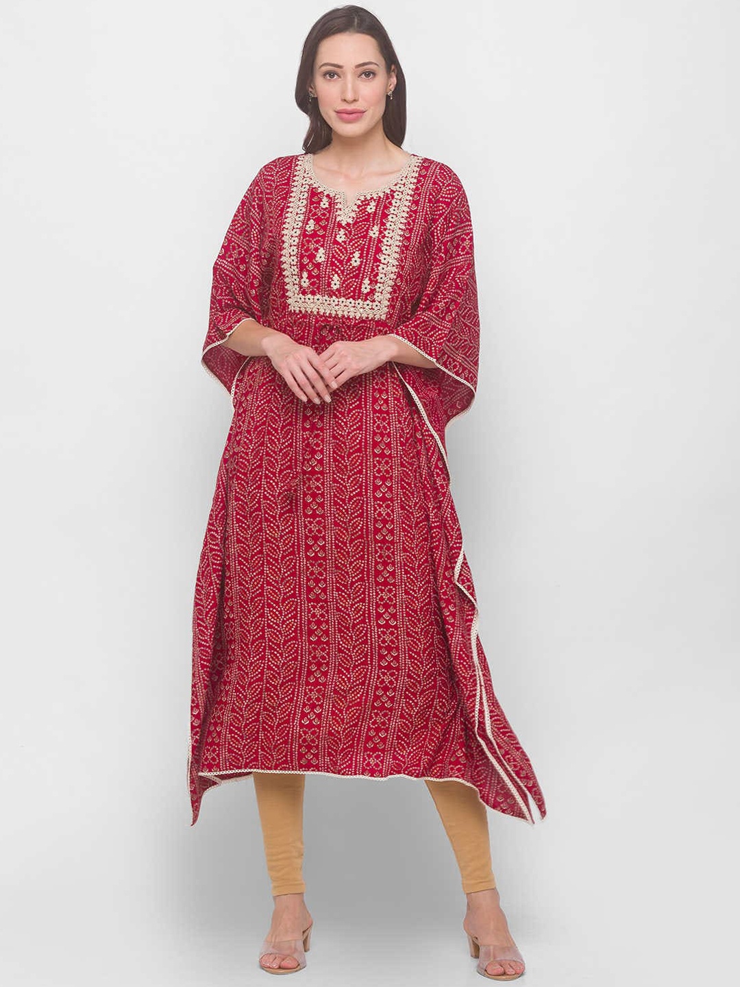 

ZOLA Women Maroon Bandhani Printed Thread Work Kaftan Kurta