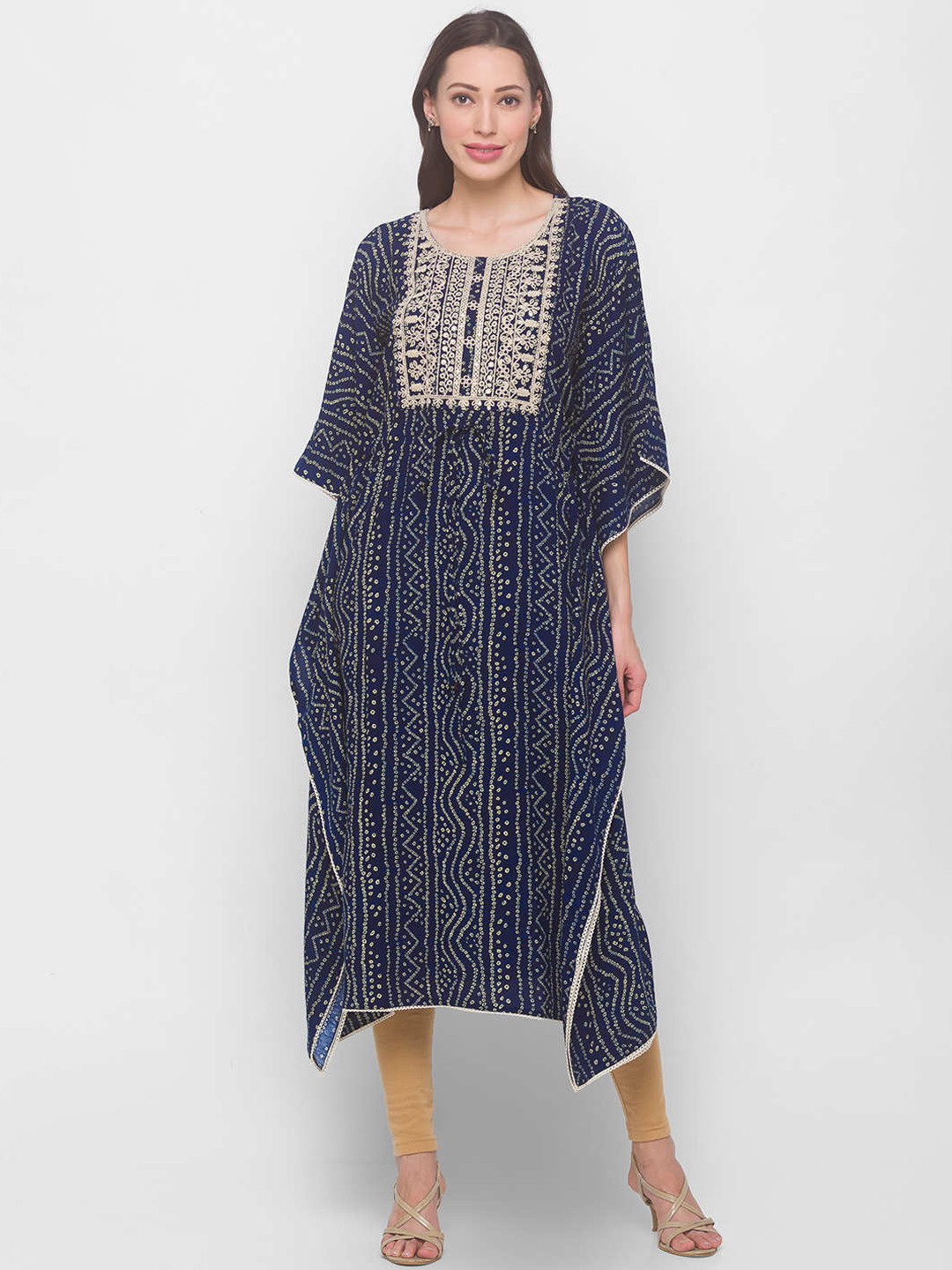 

ZOLA Women Navy Blue Striped Flared Sleeves Mirror Work Kaftan Kurta