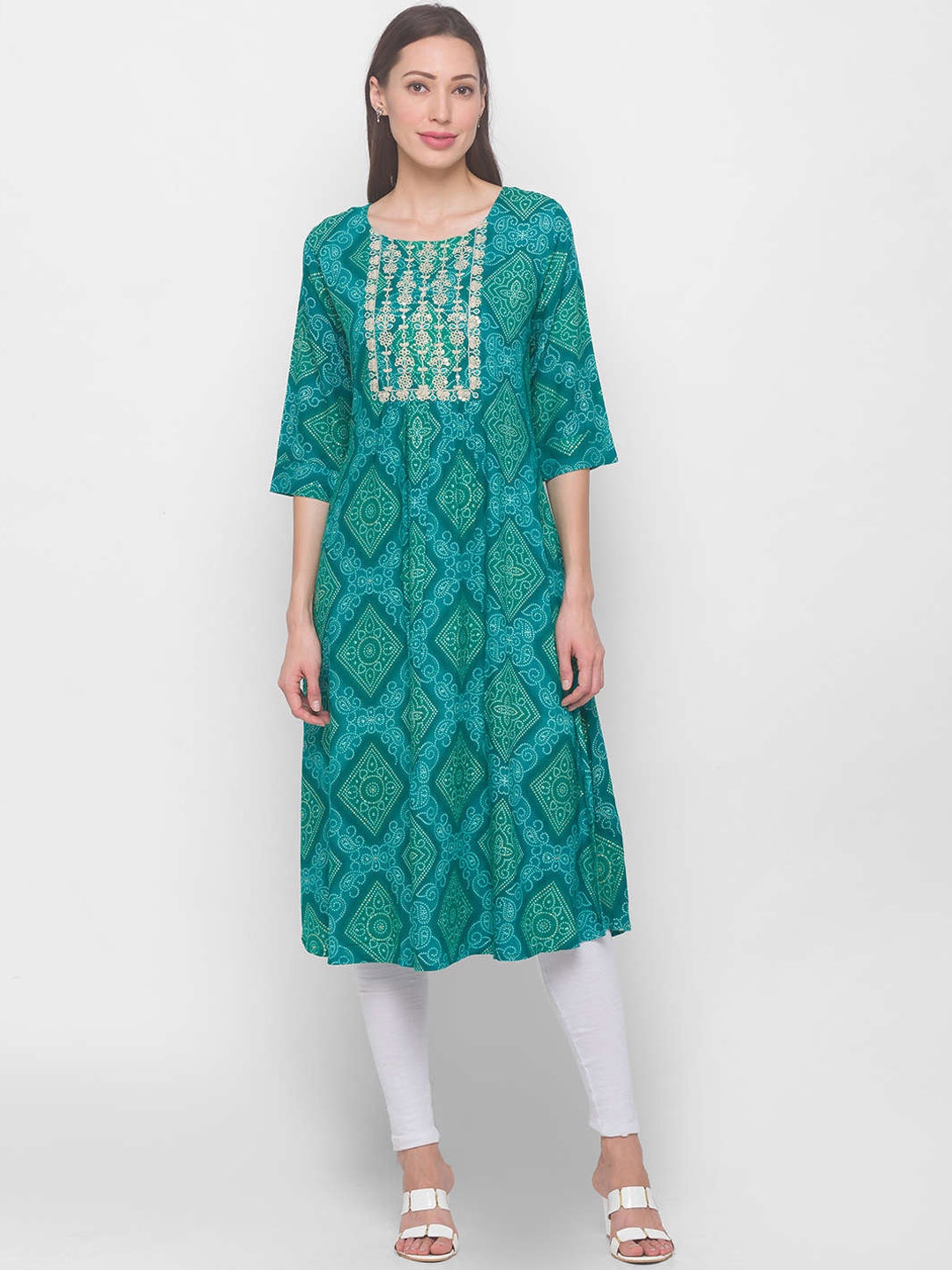 

ZOLA Women Green Geometric Dyed Keyhole Neck Anarkali Kurta