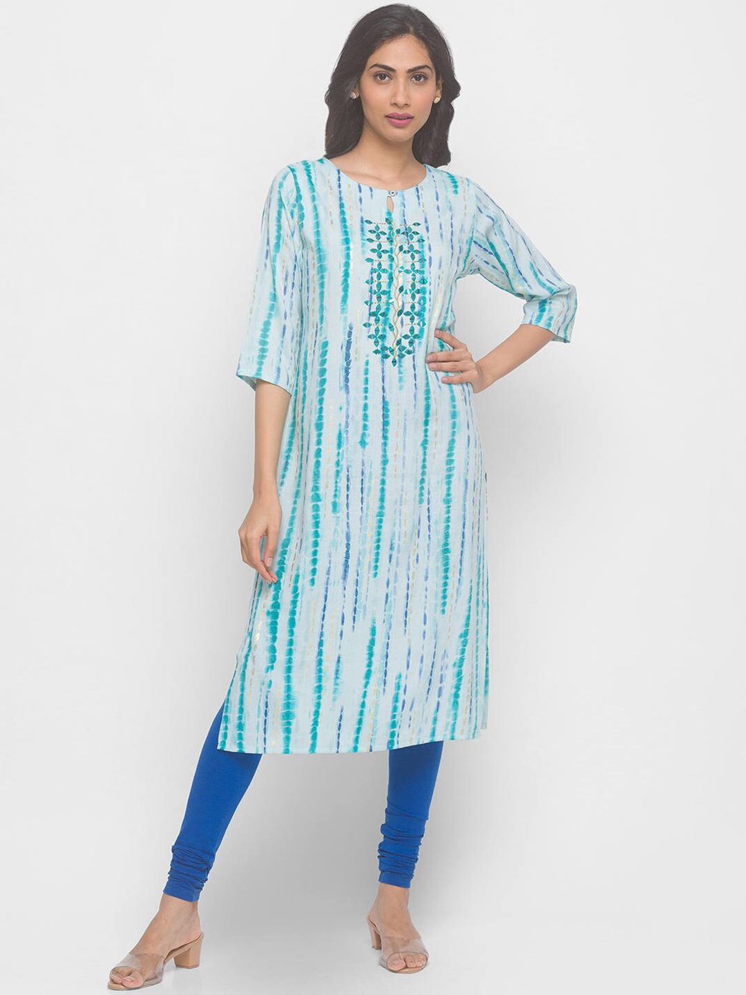 

ZOLA Women Blue Striped Keyhole Neck Flared Sleeves Mirror Work Anarkali Kurta