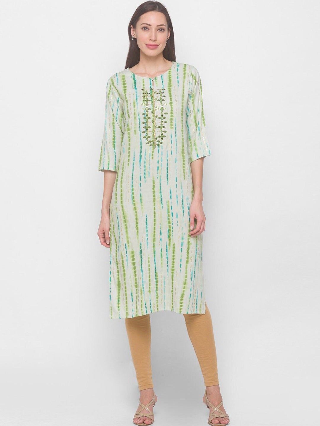 

ZOLA Women Green Striped Keyhole Neck Flared Sleeves Mirror Work Kaftan Kurta