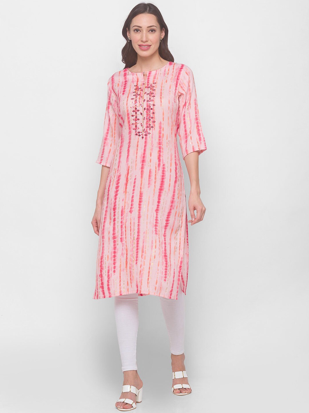 

ZOLA Women Pink Leheriya Dyed Keyhole Neck Flared Sleeves Mirror Work Kurta