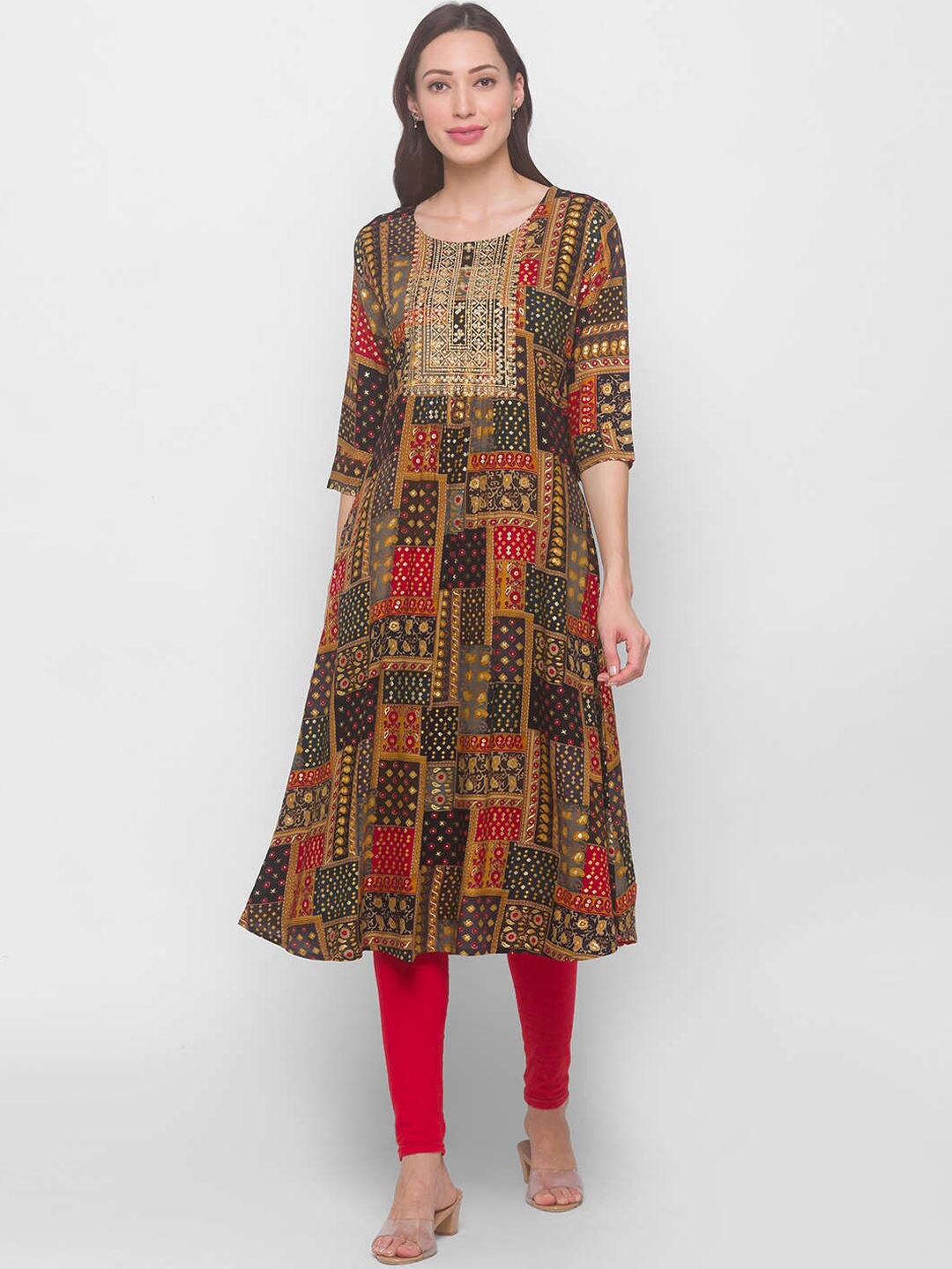 

ZOLA Women Black & Mustard Yellow Geometric Yoke Design Kurta