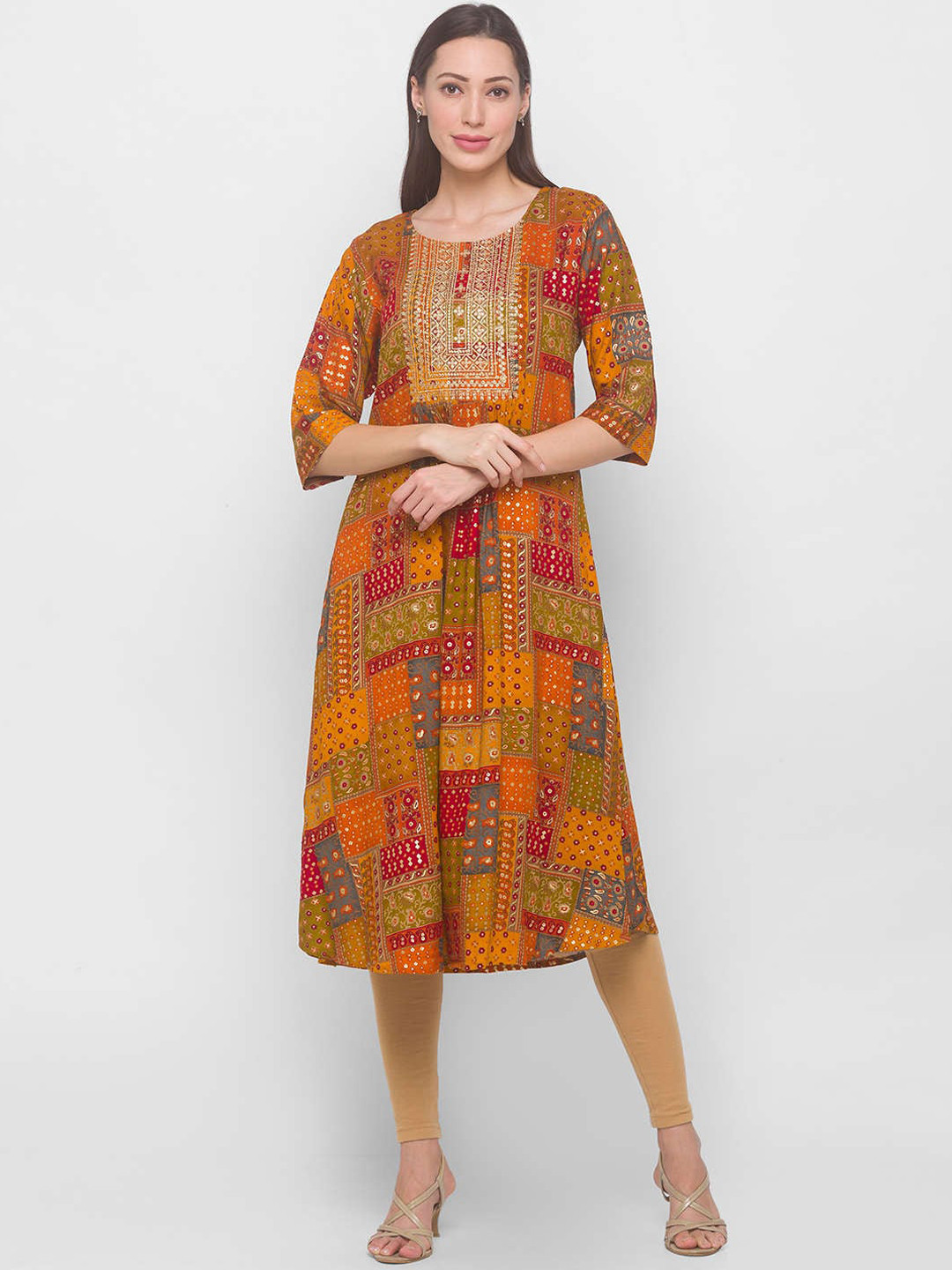 

ZOLA Women Mustard Yellow Geometric Yoke Design Keyhole Neck Anarkali Kurta