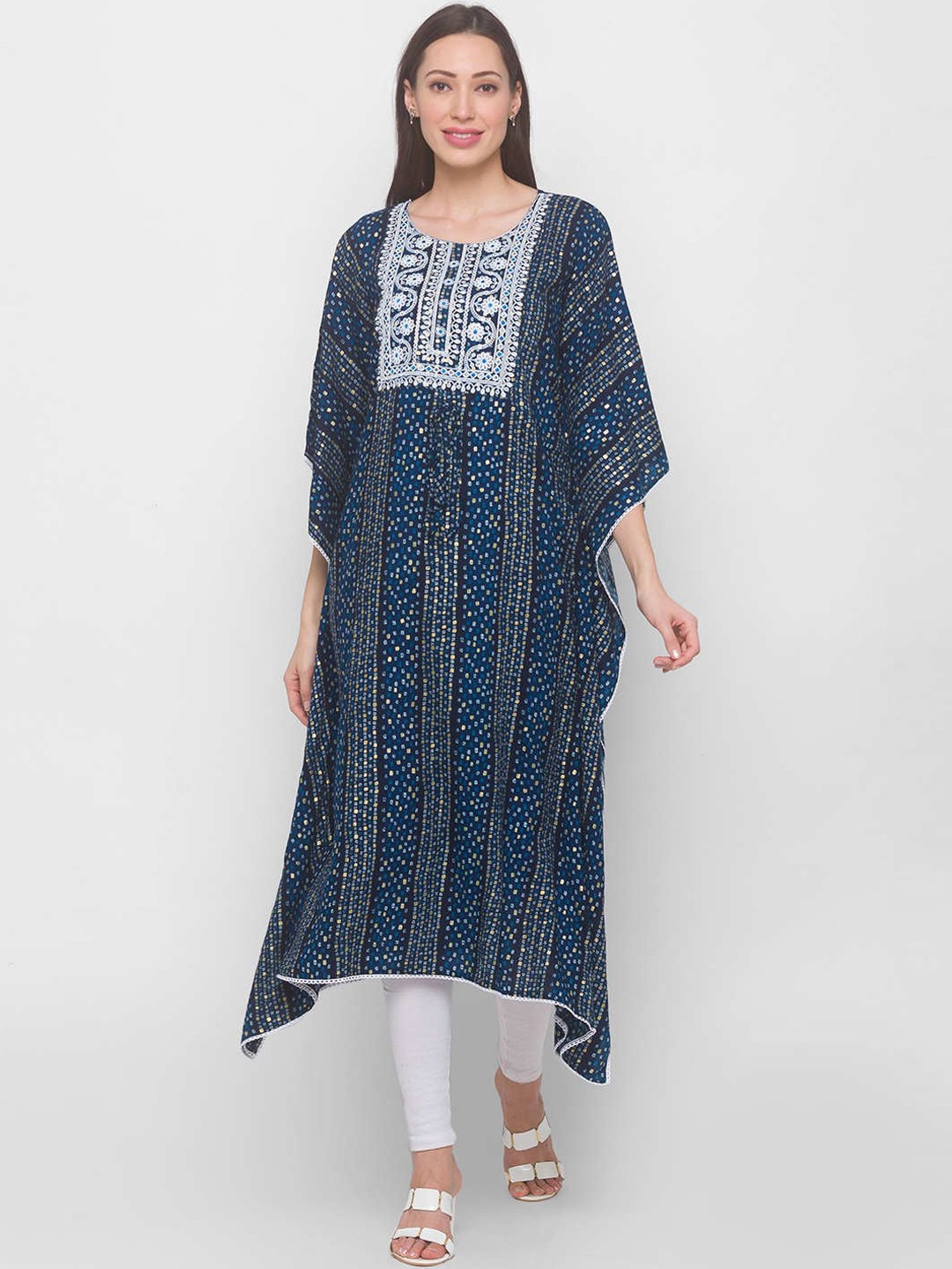 

ZOLA Women Blue Ethnic Motifs Yoke Design Flared Sleeves Mirror Work Kaftan Kurta