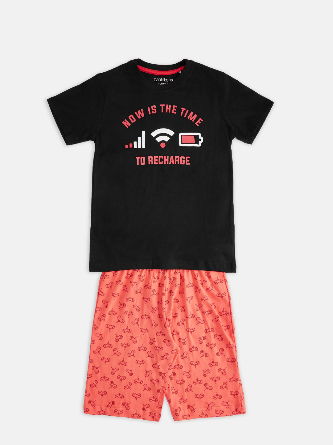 

Pantaloons Junior Boys Black & Peach-Coloured Printed Pure Cotton T-shirt with Shorts