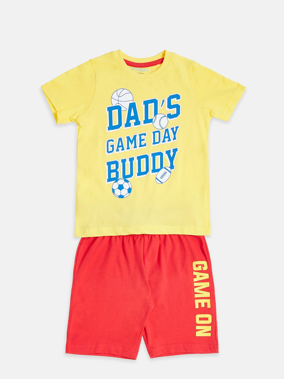 

Pantaloons Junior Boys Mustard & Red Printed Pure Cotton T-shirt with Shorts