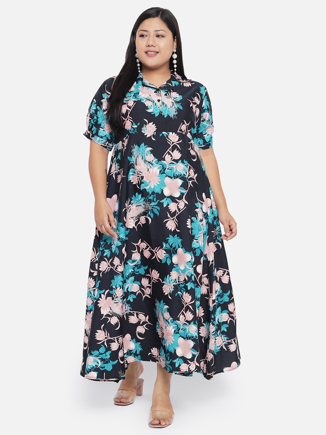 

Indietoga Plus Size Green Floral Print Crepe Maxi Dress