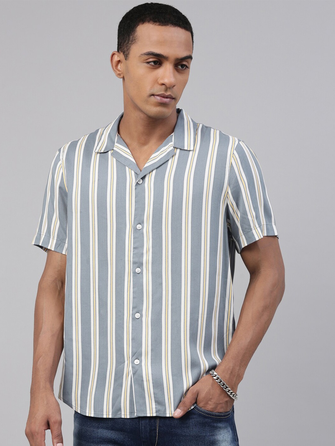 

Breakbounce Men Grey & White Striped Casual Shirt
