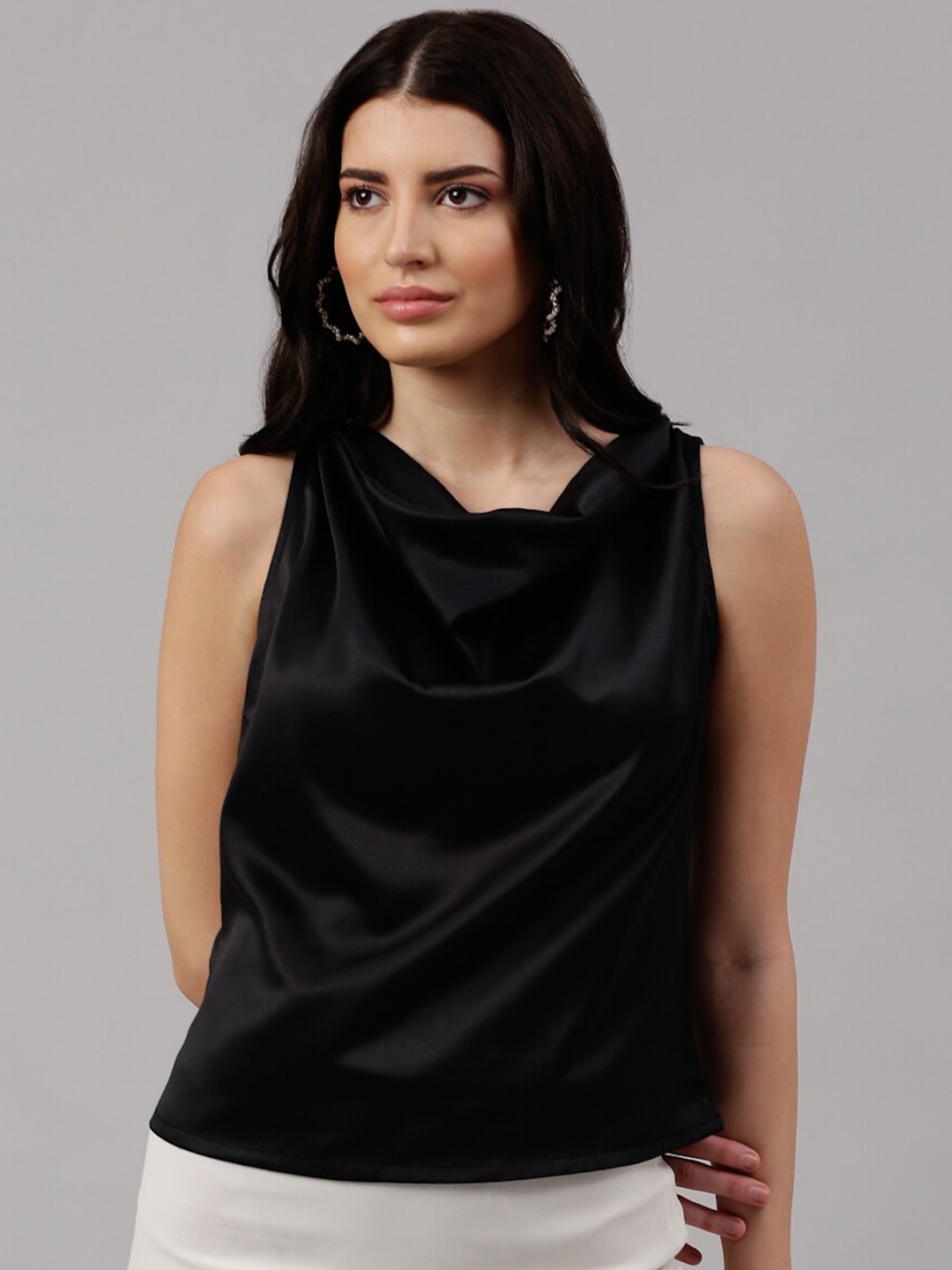 

NEUDIS Black Cowl Neck Sheen Satin Regular Top