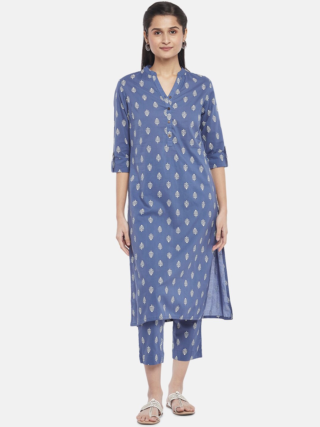 

RANGMANCH BY PANTALOONS Blue Floral Printed Pure Cotton Kurta with Trousers