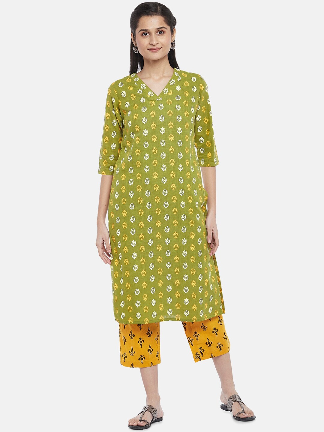 

RANGMANCH BY PANTALOONS Women Olive Green Ethnic Printed Pure Cotton Kurta & Trousers