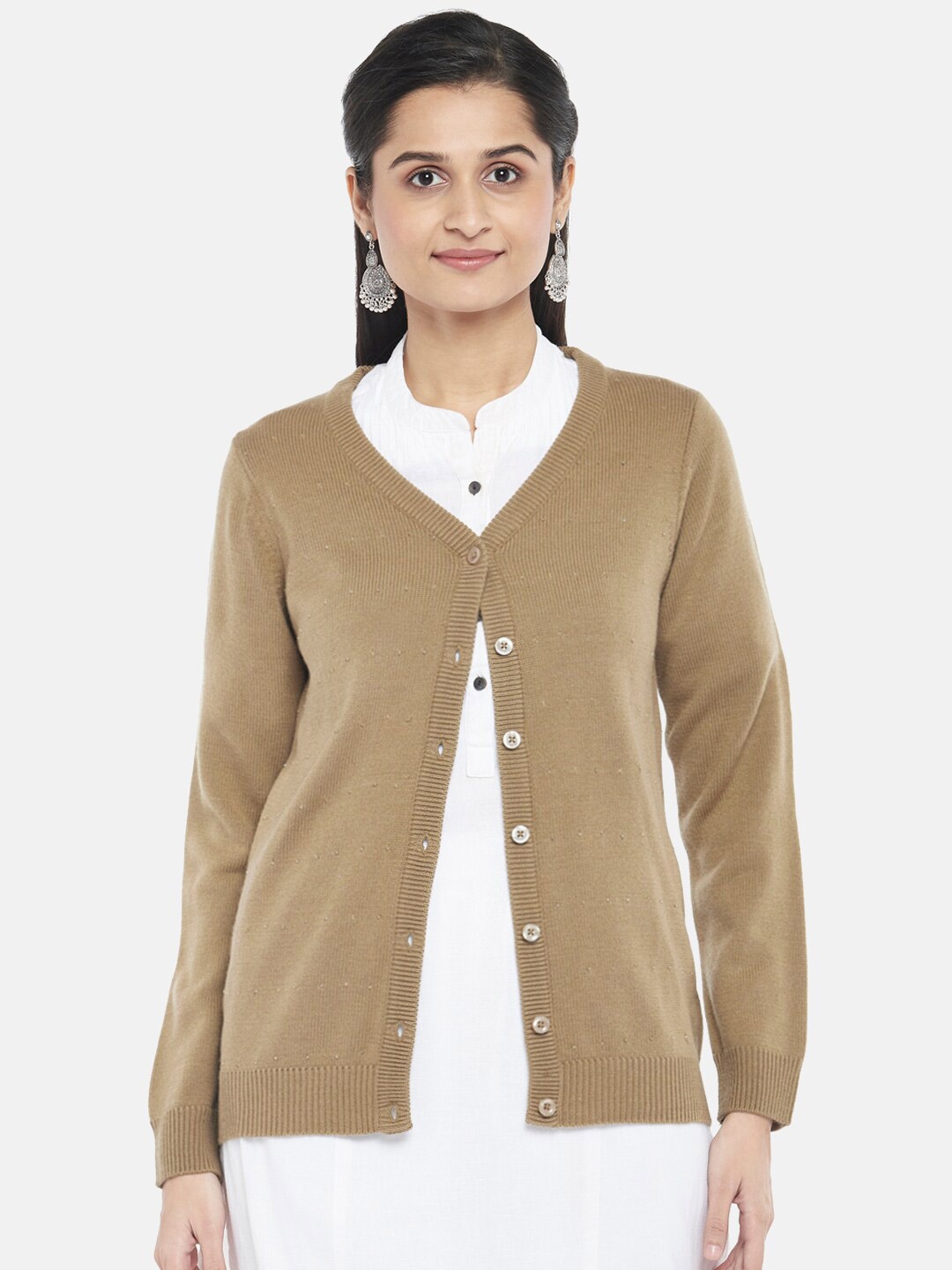 

RANGMANCH BY PANTALOONS Women Beige Pure Acrylic Cardigan Sweater