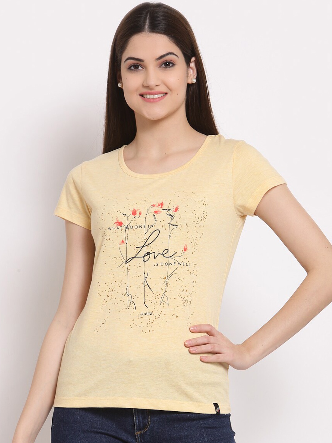 

Juelle Women Yellow & Black Typography Printed T-shirt