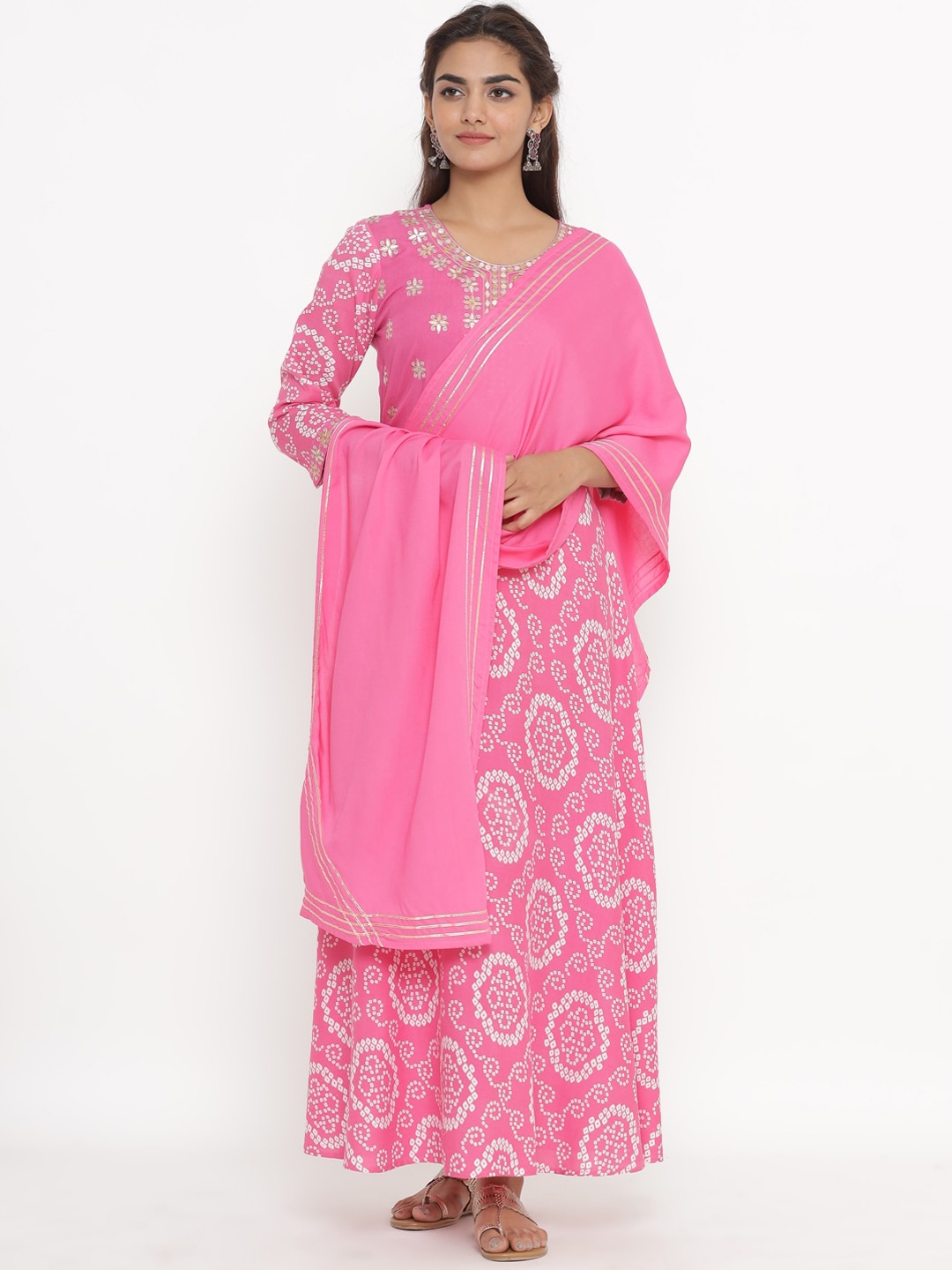 

Fabriko Women Pink & White Ethnic Motifs Printed Gotta Patti Anarkali Kurta with Dupatta