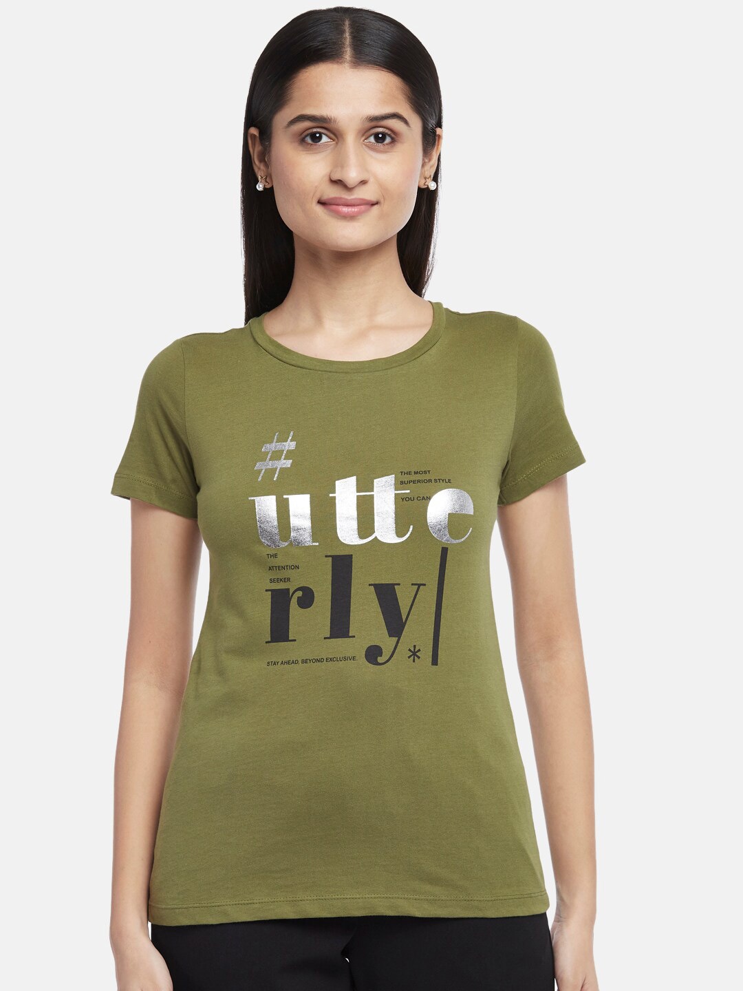 

Honey by Pantaloons Women Olive Green Typography Printed T-shirt
