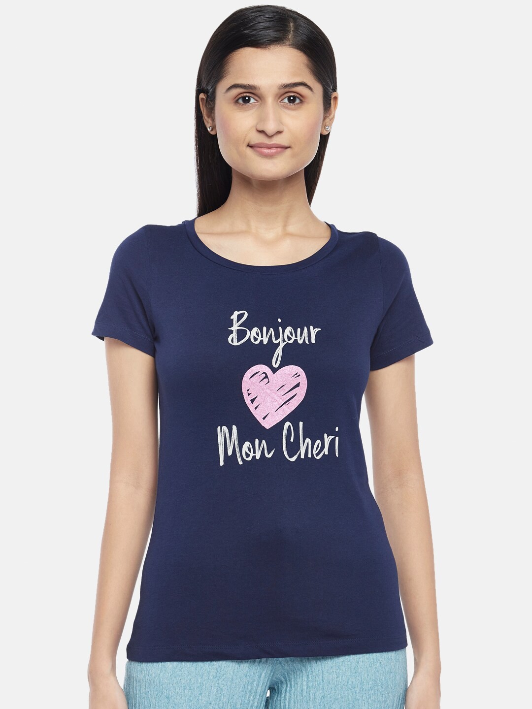 

Honey by Pantaloons Women Navy Blue Typography Printed T-shirt
