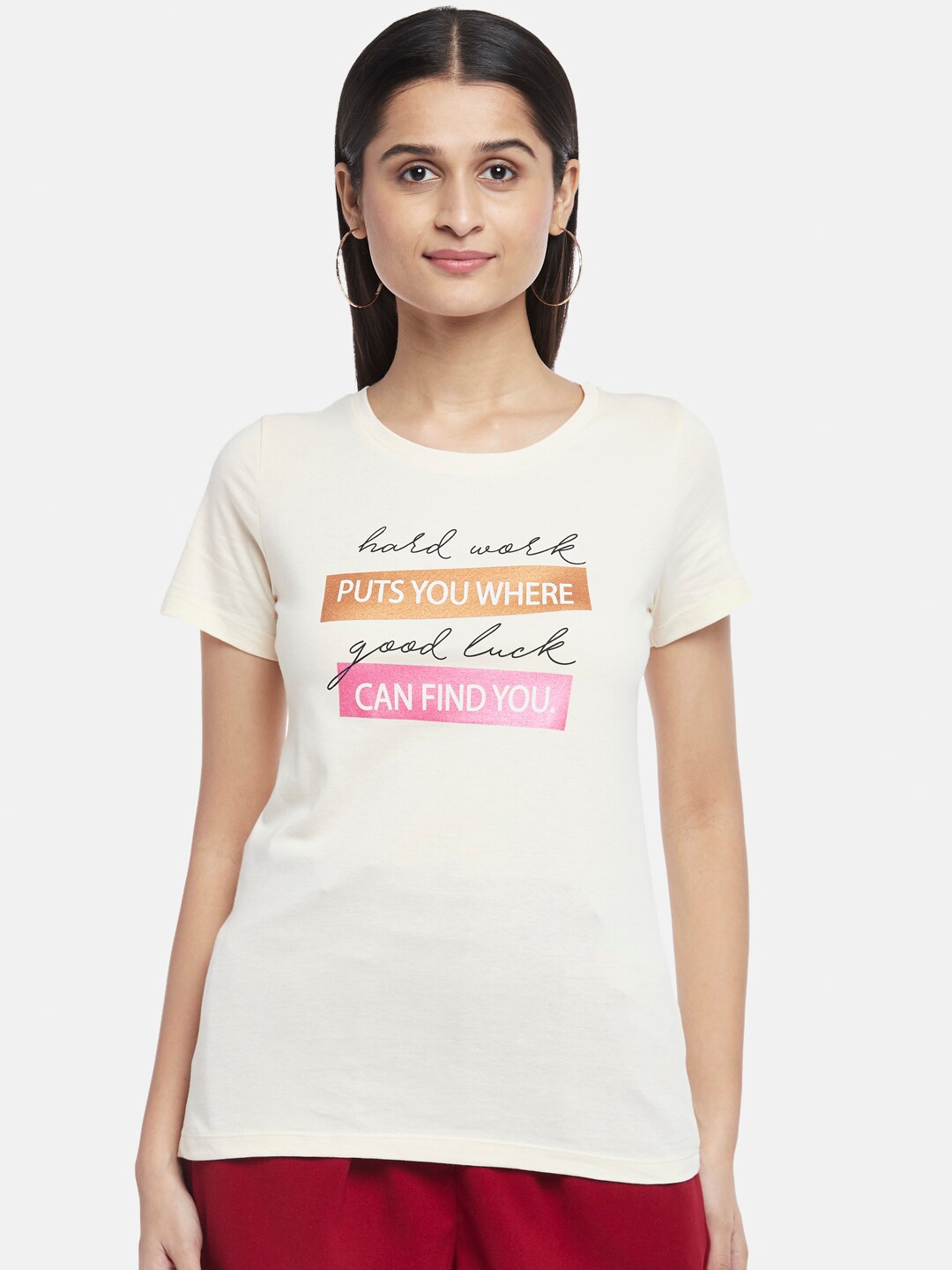 

Honey by Pantaloons Women Off White Typography Printed T-shirt